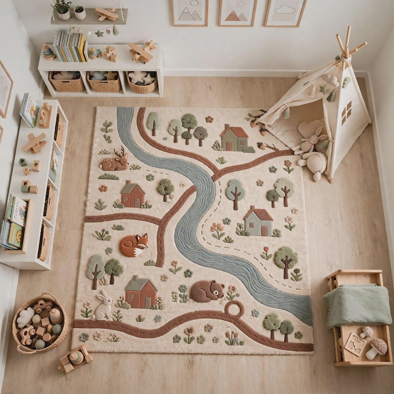 May include: A rectangular area rug featuring a tufted landscape design with a winding blue river, brown paths, green trees, small houses, and various woodland animals including a deer, fox, rabbit, and bear, all set against a cream-colored background.