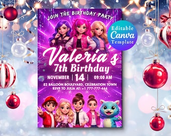 Kpop-Geburtstagseinladung, Anime-Themaparty einladen, bearbeitbare Canva-Vorlage, Kindergeburtstag einladen, Huntrix einladen, Kindergeburtstags-Partykarten