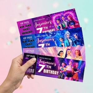 May include: A collection of colourful VIP passes for Jasmine's 7th birthday. Each pass features a vibrant design with images of animated characters, the text "VIP PASS", and event details. The passes are held in a hand.