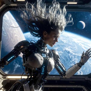 May include: A futuristic cyborg figure with flowing hair is positioned in a spacecraft window, gazing at a planet and moon. The cyborg has a metallic body with glowing blue accents. The scene is set in a spaceship interior with a view of space.