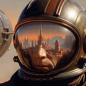 Könnte beinhalten: Ein futuristischer Astronautenhelm in Bronze und Braun mit reflektierendem Visier, das eine Stadt zeigt. Die Szene umfasst eine Lederjacke, ein großes Luftschiff und ein kleineres Raumschiff vor einem orangefarbenen Himmel, im Sci-Fi-Stil.