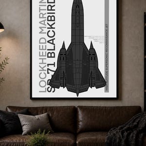May include: A framed poster featuring a top-down technical illustration of a dark gray Lockheed Martin SR-71 Blackbird aircraft on a white background. The text includes the aircraft name and technical specifications like altitude and speed.
