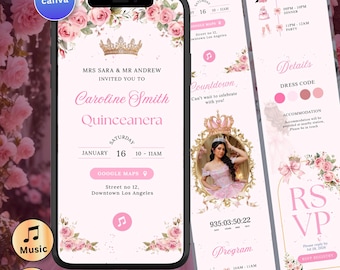 Pink Quinceanera Invitation Digital Website RSVP Sweet 16 Quince Princess Pink Rose Invite Animated Canva Editable