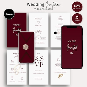 May include: A digital wedding invitation template set featuring deep burgundy and white color schemes. The design includes text elements like Wedding Invitation, You're Invited By, William and Sophie, The Details, RSVP, and a wedding timeline with icons.