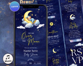 Over The Moon Baby Shower Invitation Digital Starry Night Sky Baby Shower Invite Canva Website with RSVP