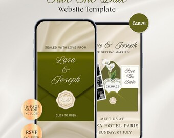 Sage Green Save the Date Website Editable Canva Ivory Wedding Website with RSVP Digital Invitation Instant Download