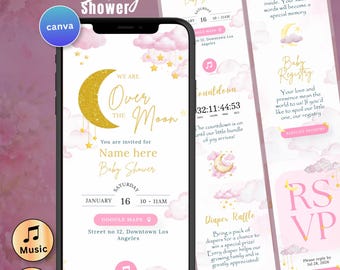 Over The Moon Baby Shower Invitation Pink Digital Girl Baby Shower Invite Moon Stars Canva Website with RSVP
