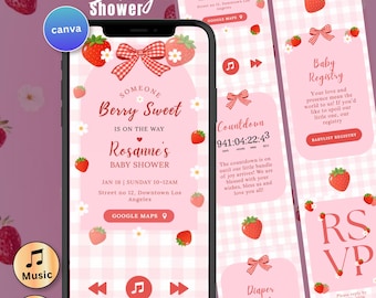 Berry Sweet Baby Shower Digital Invitation RSVP Pink Strawberry Baby Girl Website Canva Editable