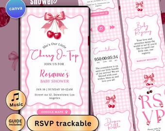 Cherry On Top Baby Shower Digital Invitation Website Pink Baby Girl Theme RSVP Music Invite Canva Editable Template