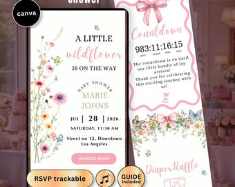 Baby in Bloom Baby Shower Digital Invitation RSVP Countdown Music Wildflowers Butterfly Invite Canva Editable