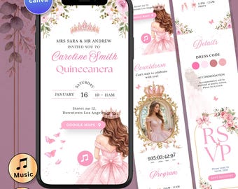 Quinceanera Invitation Pink Digital Website RSVP with Music Sweet 16 Princess Blush Pink Quince Invite Canva Custom
