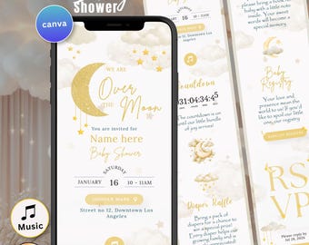 Over The Moon Baby Shower Invitation Digital Moon Baby Shower Invite Clouds Stars Canva Website with RSVP
