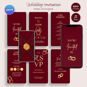 May include: A digital wedding invitation set in deep burgundy with gold text and graphics. The design features wedding rings, a wax seal, and various templates including a timeline, RSVP, and details page displayed on a smartphone screen.