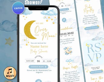 Over The Moon Baby Shower Invitation Blue Digital Boy Baby Shower Invite Moon Stars Canva Website with RSVP