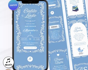 Cielito Lindo Baby Shower Boy Invite Digital Blue Talavera Baby Shower Mexican Theme Papel Picado Invite Canva with RSVP