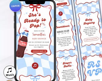 She's Ready to Pop Baby Shower Invitation Website Blue Soda Bottle Baby Shower Invite Boy Baby Canva with RSVP
