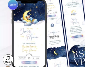 Over The Moon Baby Shower Invitation Digital Boy Baby Shower Blue Invite Gold Moon Stars Baby Invite Canva Website with RSVP