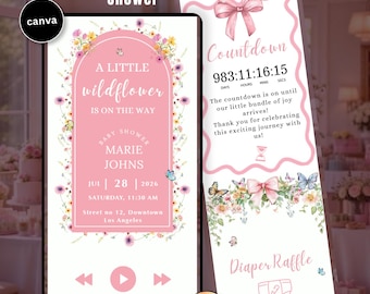 Wildflower Baby Shower Digital Invitation RSVP Music Baby in Bloom Butterfly Pink Bow Canva Editable