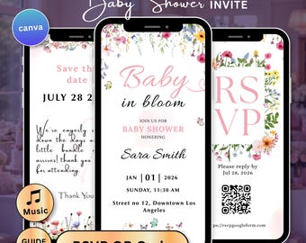 Baby in Bloom Baby Shower Video Invitation Canva Editable Animated Digital Invite with RSVP Music Wildflowers Butterfly