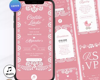 Cielito Lindo Baby Shower Girl Invite Digital Pink Talavera Baby Shower Mexican Theme Papel Picado Invite Canva with RSVP