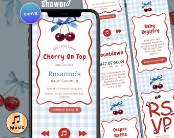 Cherry On Top Baby Shower Digital Invitation with RSVP, Blue Baby Boy Shower, Cherry Sweet Bow Baby Shower, Editable Canva