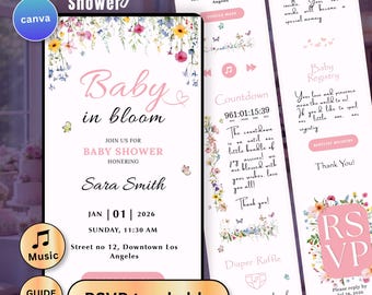 Baby in Bloom Baby Shower Digital Invitation Website RSVP Countdown Music Wildflowers Butterfly Evite