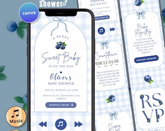 Berry Sweet Baby Shower Digital Invitation Website RSVP Blue Berry Boy Baby Shower Invite Canva Editable
