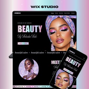 Könnte beinhalten: Webdesign für ein Kosmetikstudio, dargestellt auf einem Laptop und einem Smartphone. Die Website zeigt eine Frau mit leuchtendem Make-up und dem Text "BEAUTY By Natasha Kale". Der Hintergrund ist ein Farbverlauf aus Pink und Lila.