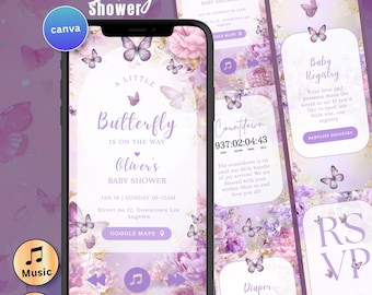 Little Butterfly Baby Shower Invitation Digital Website RSVP Purple Butterfly Baby Lavender Invite Canva Editable