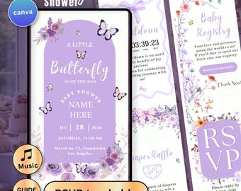 Little Butterfly Baby Shower Invitation Digital Website Purple Floral Lavender RSVP Countdown Music Invite