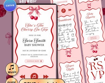 Cherry On Top Baby Shower Digital Invitation Website Cherry Blossom Baby Girl RSVP Countdown Music Invite Canva Editable