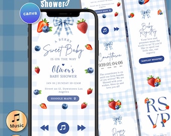 Berry Sweet Baby Shower Digital Invitation RSVP Blue Berry Baby Boy Shower Website Invite Canva Editable