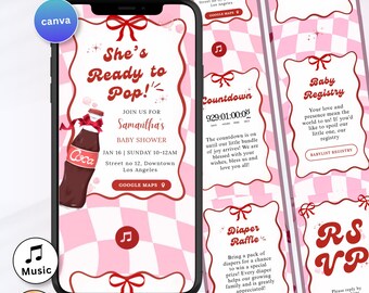 She's Ready to Pop Baby Shower Invitation Website Cola Soda Baby Shower Invite Red Pink Bow Girl Baby Canva with RSVP