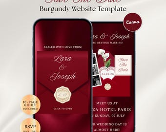 Burgundy Save the Date Website, Editable Canva Wedding Website with RSVP, Digital Invitation, Instant Download