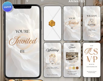 Wedding Invitation Template Download Digital Video White Rose Animated Marriage Invite seal envelope Canva Editable