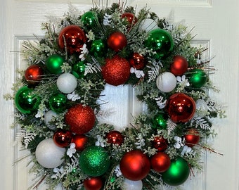 Christmas Wreath, Red and Green Christmas Wreath, Winter Wreath, Pine Wreath, Ornament Wreath, Elegant Winter Wreath,Floral Christmas Wreath