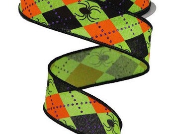 Halloween Ribbon, Spider Ribbon, Argyle Ribbon, Green Ribbon, Black Ribbon, Royal Burlap Ribbon, 1.5" Wired Ribbon, 10 Yard Roll, RGA1349E9