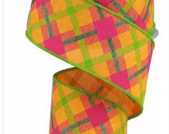 Plaid Ribbon, Orange Ribbon, Pink Ribbon. Orange and Pink Glitter Plaid Ribbon, Green Ribbon, 2.5" Wired Ribbon, 10 Yard Roll, RGA143320