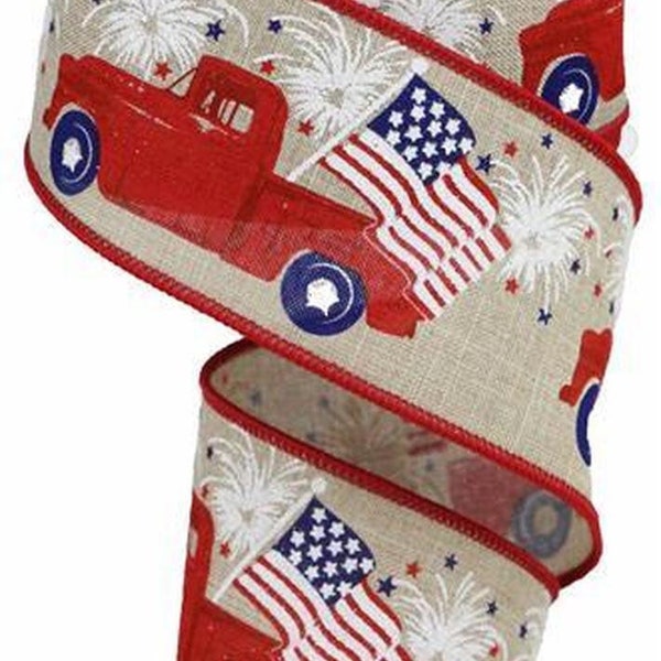 Patriotic Ribbon, Vintage Truck Ribbon, American Flag Ribbon ,Wired Ribbon, 2 1/2" Wired Ribbon, 10 Yard Roll, RG0199701