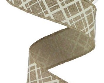 May include: A 2.5 inch wide brown burlap ribbon with a white diamond pattern. The ribbon is wired and can be used for crafting, gift wrapping, and decorating.