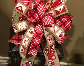 Valentine’s Day Bow, Vintage Truck Heart Bow, Valentine’s Day Wreath Bow, Valentine’s Day Lantern Bow, Pink Wreath Bow, Basket Bow