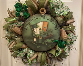 St Patrick's Day Wreath, Shamrock Wreath, Door Wreath, Burlap Wreath, St Patrick's Day Wreath for Front Door, Welcome Wreath