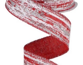 Christmas Ribbon, Red Glitter Ribbon, Silver Glitter Ribbon, Metallic Streaks Ribbon, Silver Ribbon, 1 1/2", 10 Yard Roll, Wire Edge Ribbon