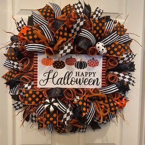 Happy Halloween Wreath, Halloween wreath for front door. door wreath, Pumpkin Wreath, wreath for front door, Black and Orange Wreath