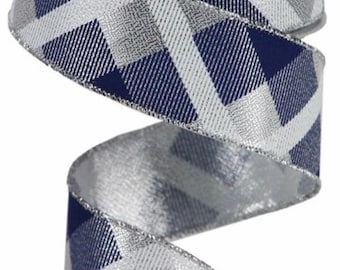 Blue Ribbon, Navy Blue Ribbon, Silver Ribbon, Metallic Ribbon, Plaid Ribbon, Wired Ribbon, 1 1/2&quot; Wired Ribbon, 10 Yard Roll