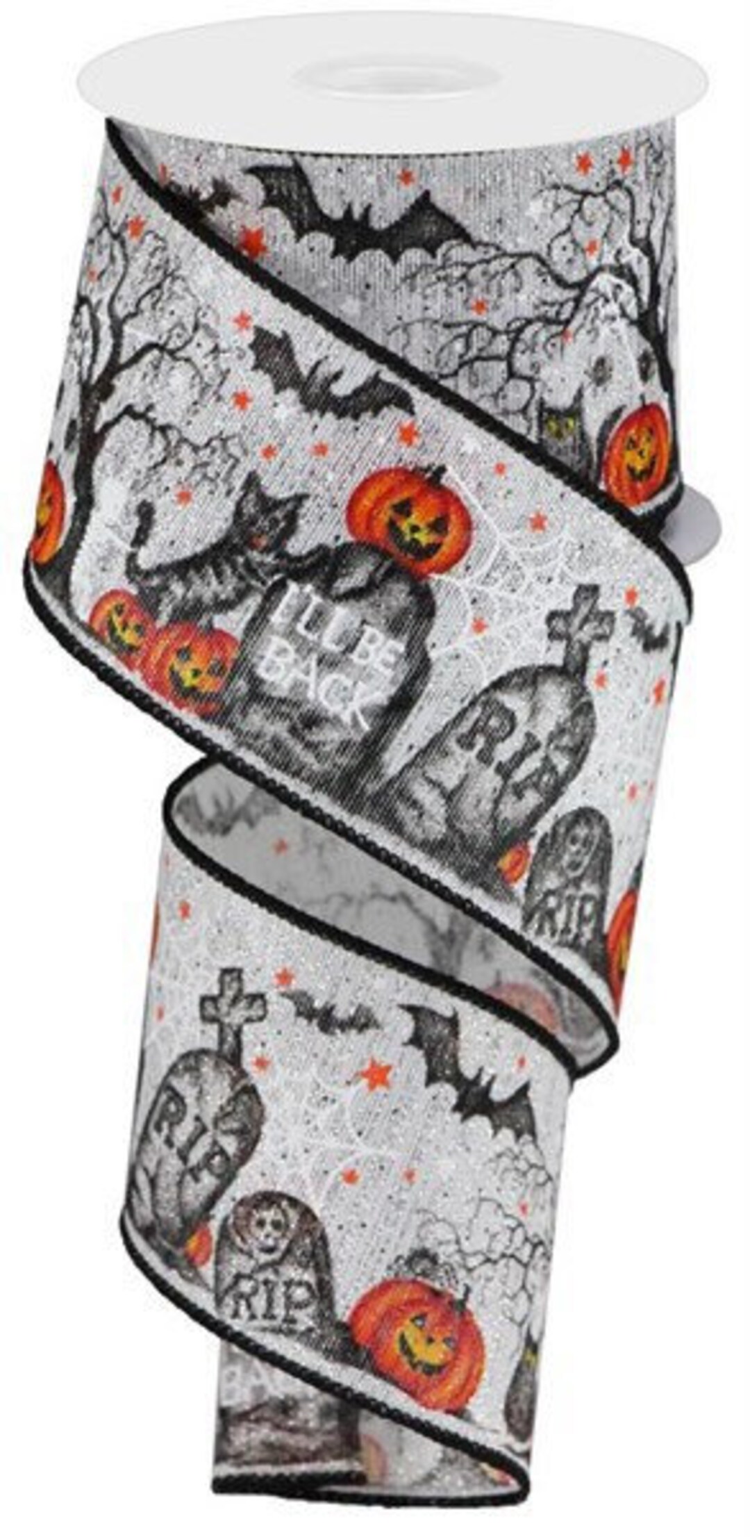 Halloween Ribbon, Graveyard Ribbon, Pumpkin Ribbon, Silver