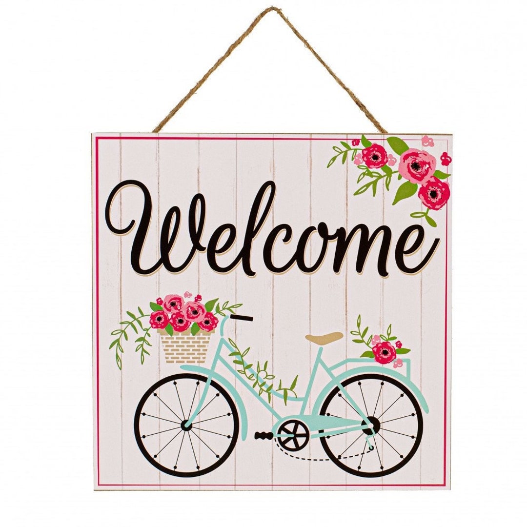 Spring Sign, Bike Sign, Welcome Sign, Floral Sign, Floral Wreath Sign ...