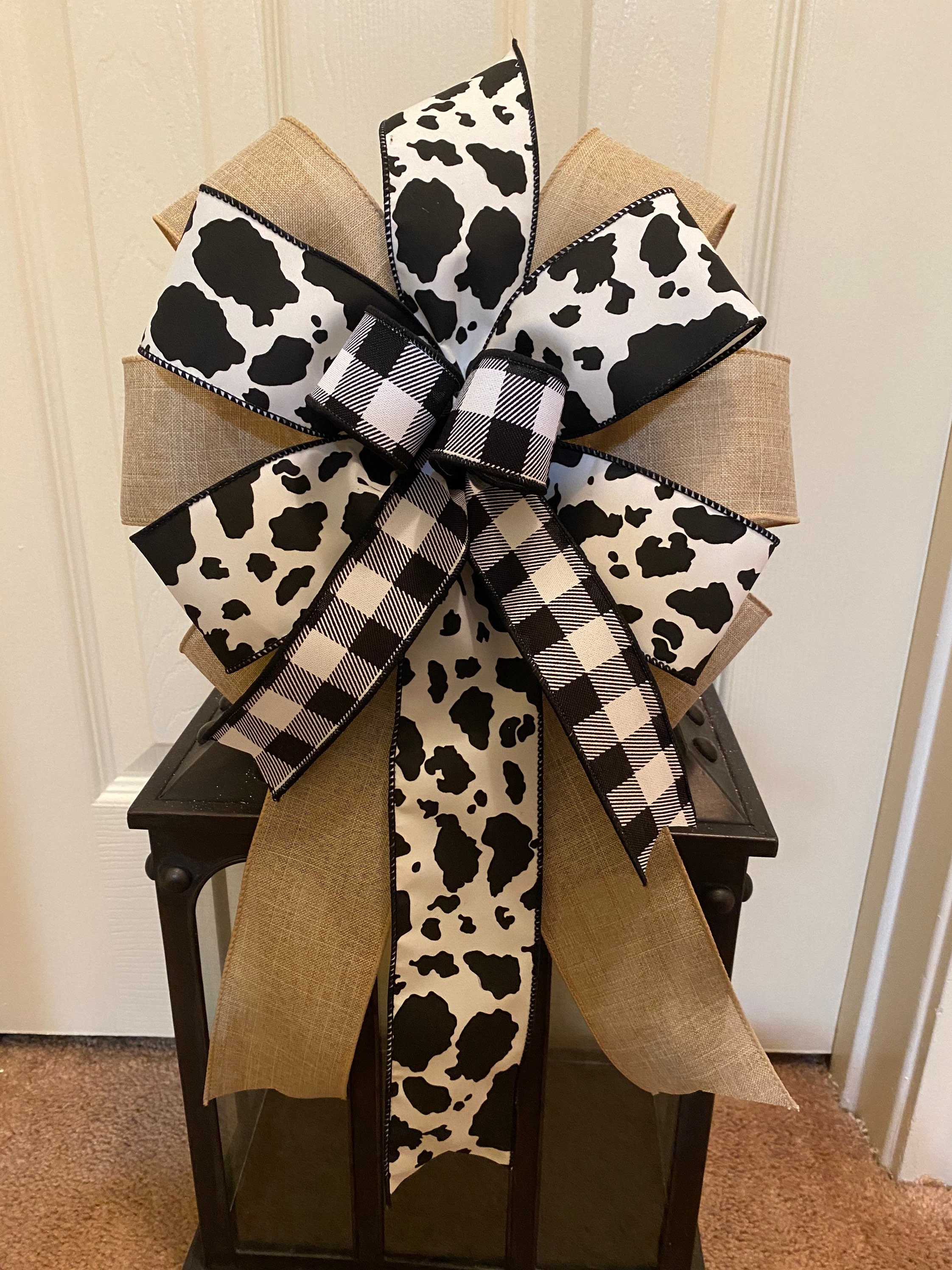 Cowhide Ribbon Brown Ivory Cow print ribbon Wired Wreath Ribbon 2.5 Inch  Wired