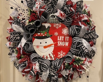 Christmas Wreath, Snowman Wreath, Let it Snow Wreath, Snowflake Wreath, Red and Black Christmas Wreath