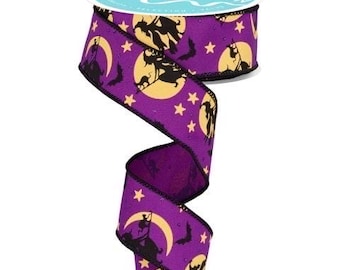 Halloween Ribbon, Witch Ribbon, Flying Witch Ribbon, Halloween Wreath Ribbon, Halloween Bow Ribbon, 1.5" Wired Ribbon, 10 Yard Roll